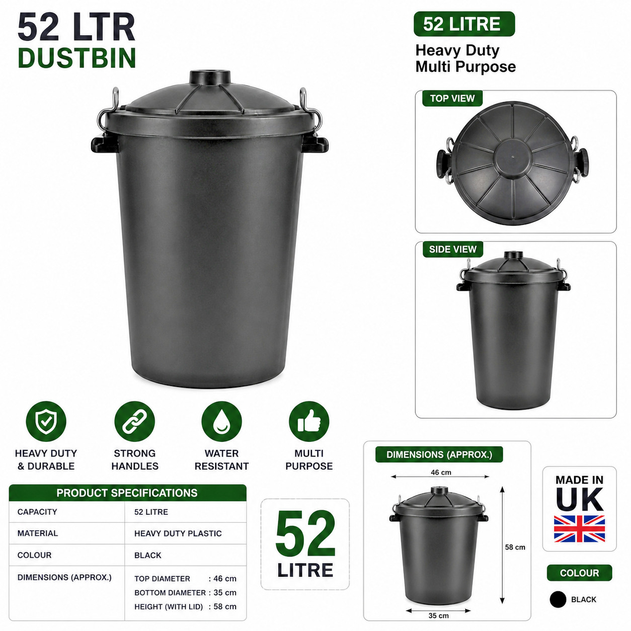 52L Large Plastic Dustbin with Lid & Metal Handles - Heavy Duty Waste Bin