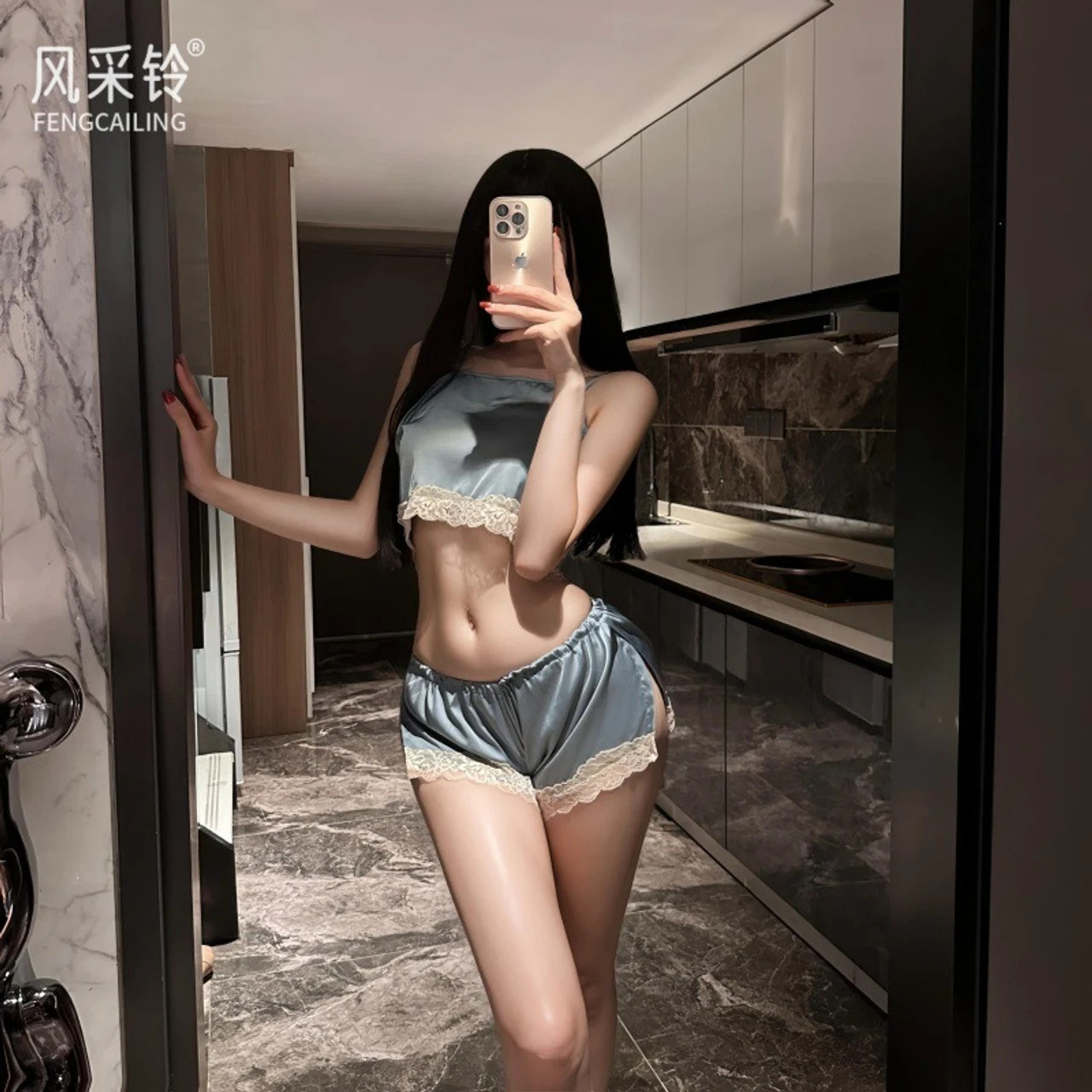 Women's Satin Pyjama Set - Lace Trim Crop Top & Shorts Nightwear