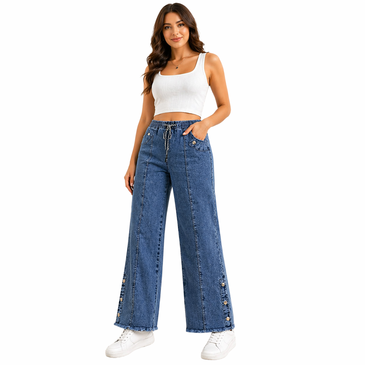 Women's Wide Leg Denim Jeans - Elastic Waist Drawstring, Loose Fit