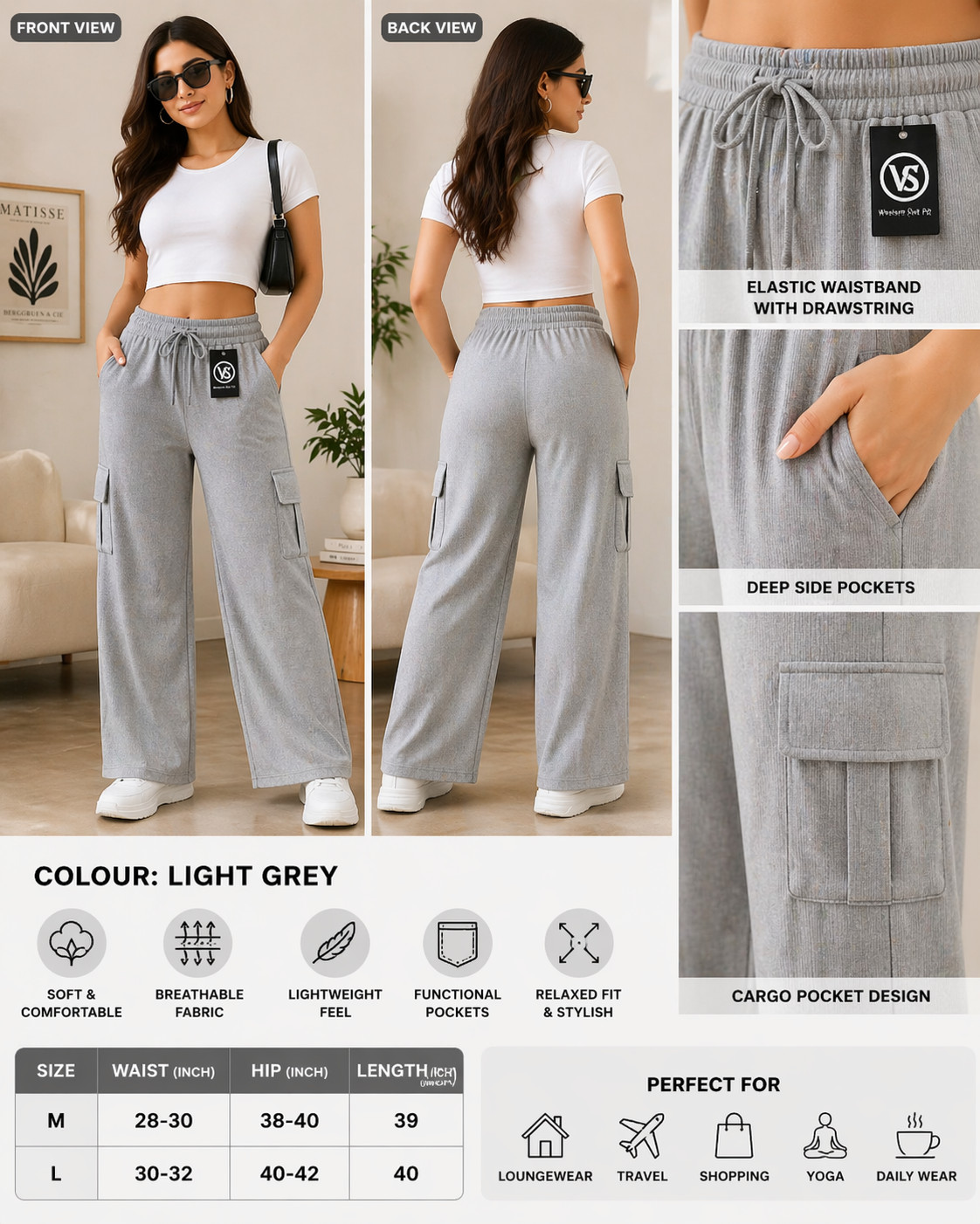 Women's Wide Leg Cargo Pants - Elastic Waist Lounge Trousers, Casual Baggy Fit