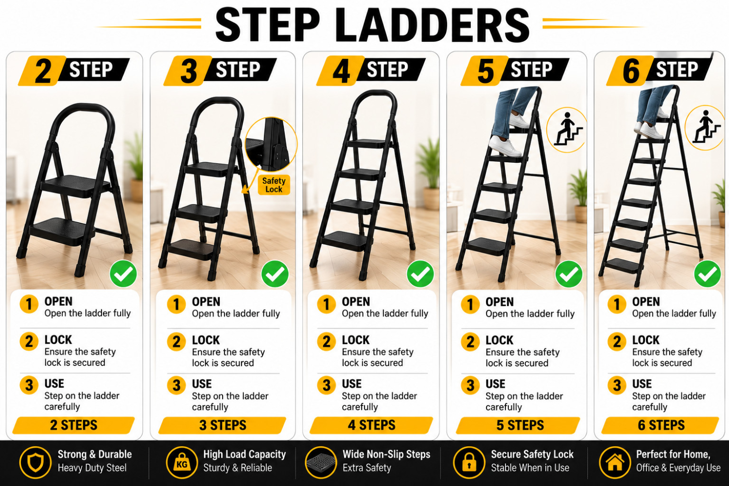 3 Step & 6 Step Steel Folding Ladder - Heavy Duty Anti-Slip Steps