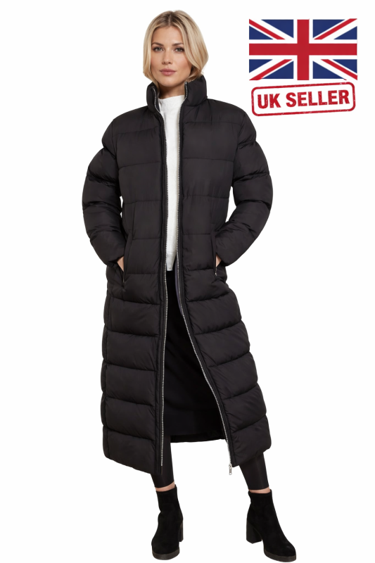 Women's Long Puffer Jacket - Quilted Maxi Winter Coat with Zip Closure