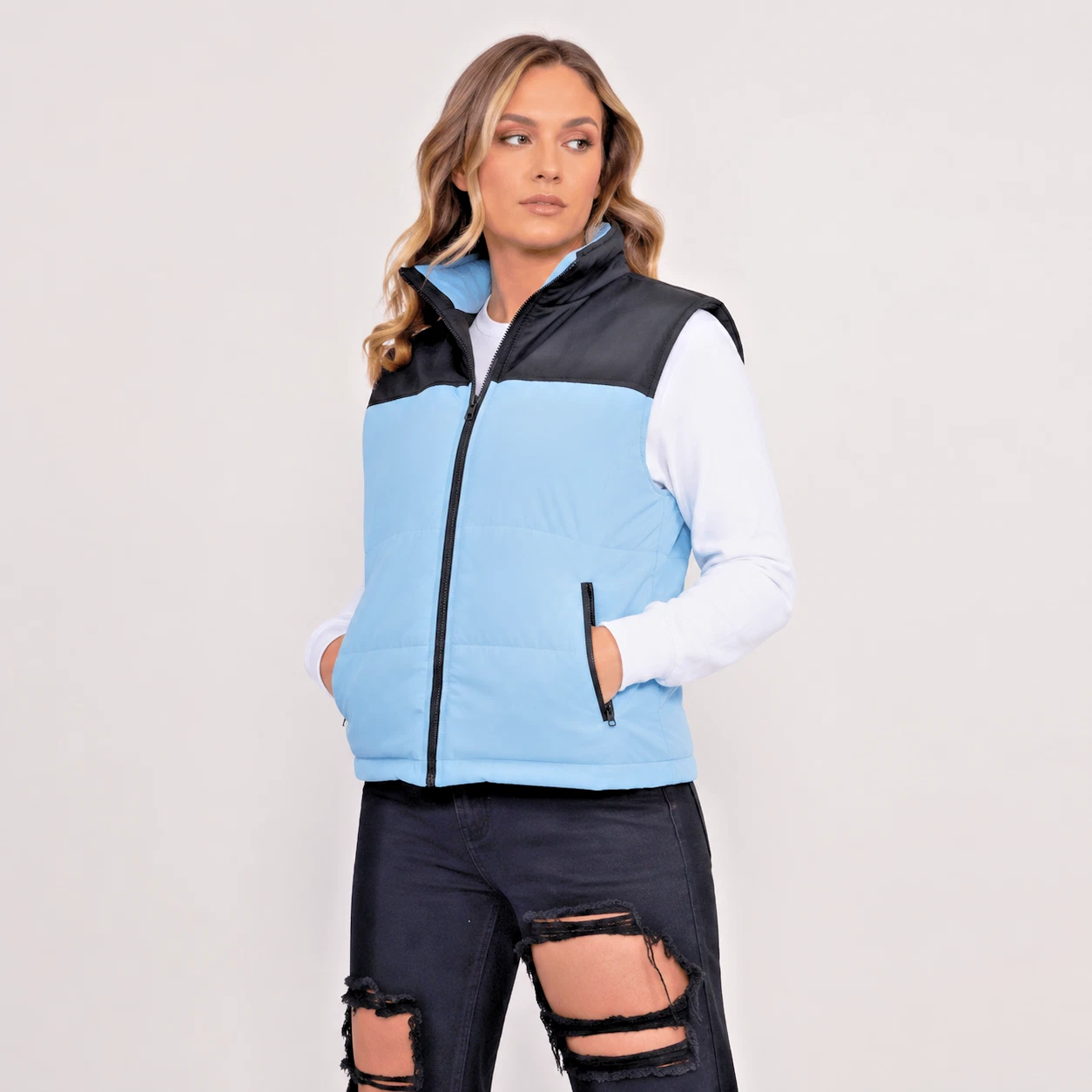 Women's Blue Colour Block Puffer Gilet - Sleeveless Padded Zip-Up Bodywarmer