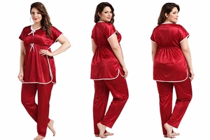 Women's Satin Pyjama Set - Short Sleeve Top & Trousers Nightwear Loungewear