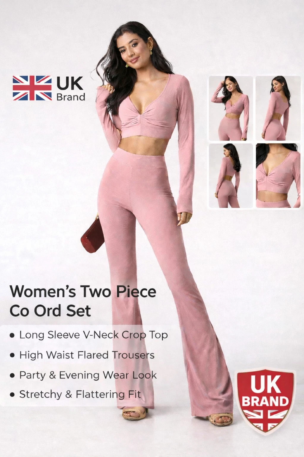 Nude Long Sleeve Tie Front Crop Top with High Waist Flare Pants