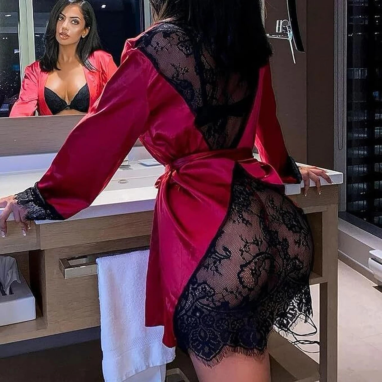 Ladies' Satin Kimono Robe - Lace Nightwear, Sleepwear & Loungewear