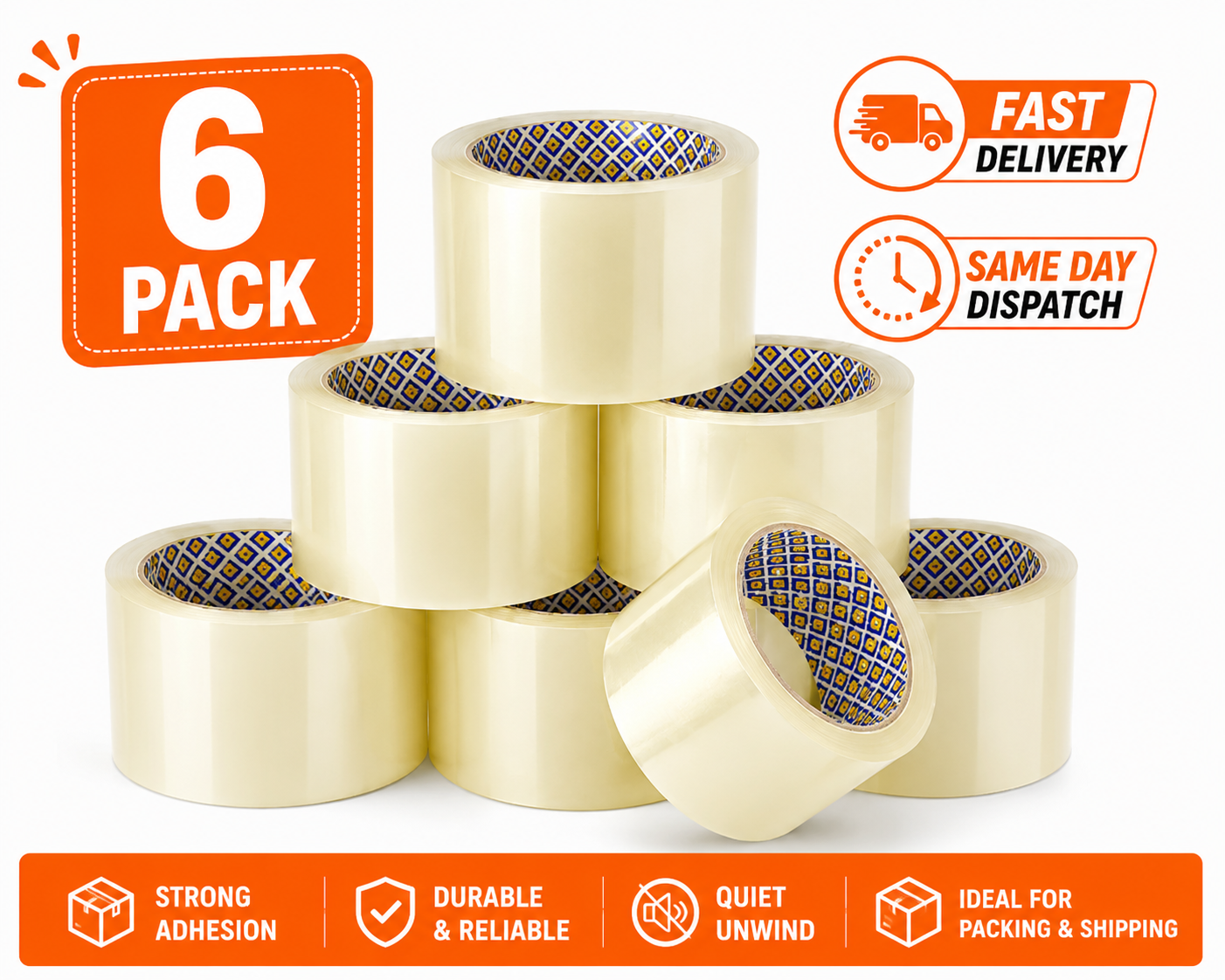 6 Pack Clear Packing Tape 48mm x 66m - Heavy Duty Parcel Sealing Tape