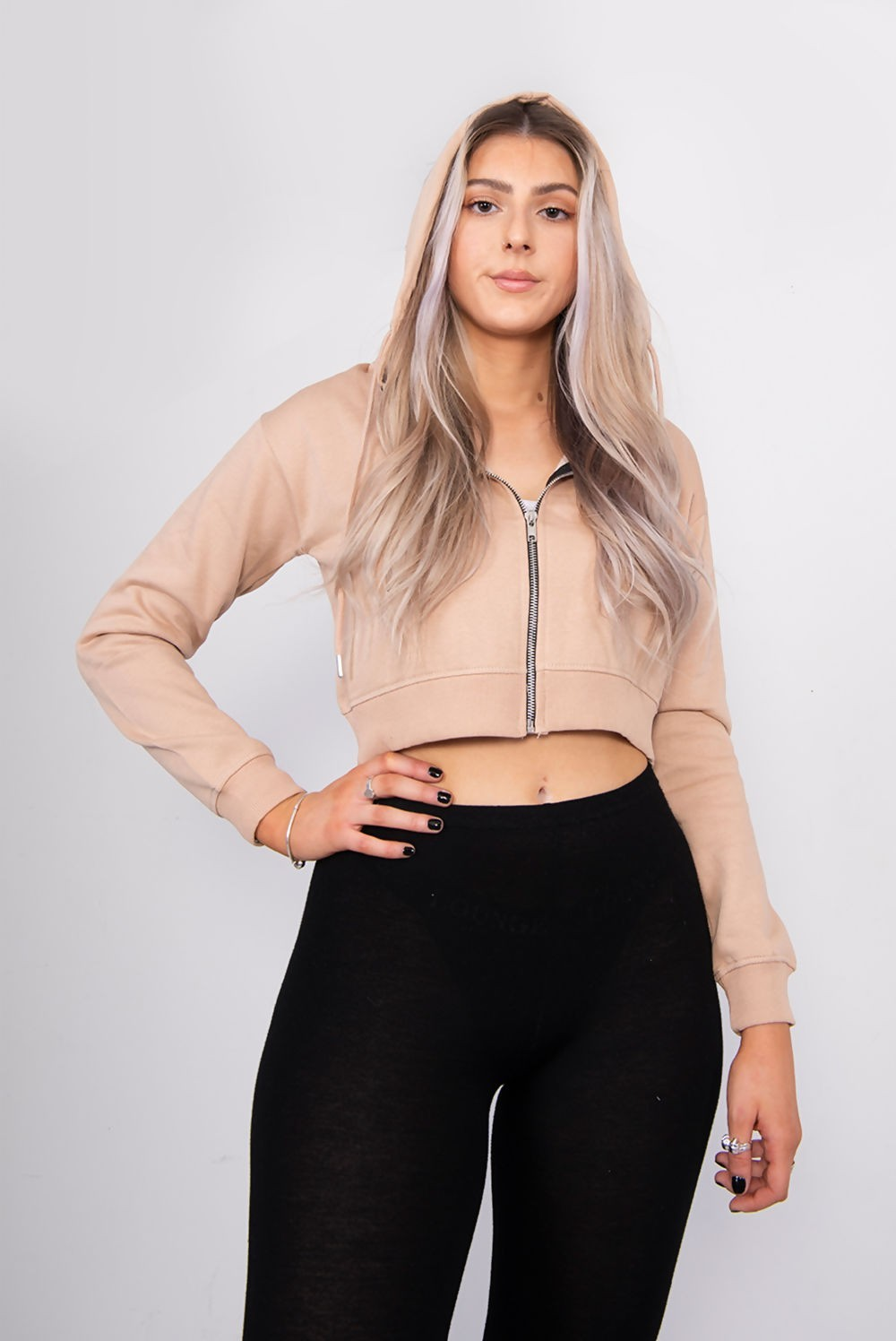 Women's Cropped Zip-Up Hoodie in Sand - 42cm Length Casual Pullover