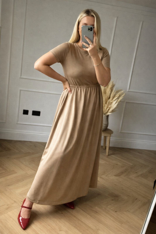 Women's Casual Maxi Dress - Short Sleeve Long Summer Dress with Elastic Waist