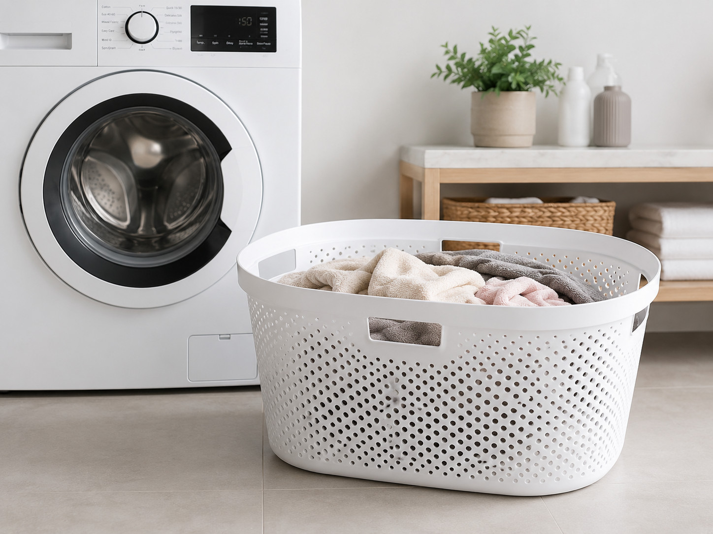 40L White Plastic Laundry Basket - Large Clothes Hamper
