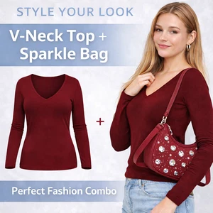 V-Neck Long Sleeve Top - Trendy Rhinestone Shoulder Style