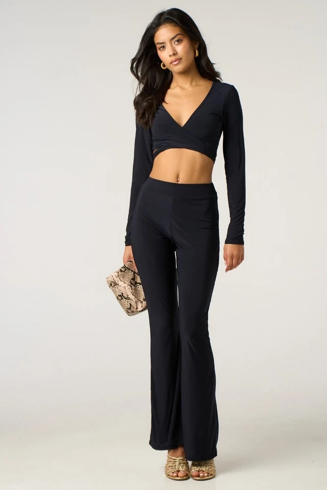 Long Sleeve Tie Front Crop Top with High Waist Flare Pants